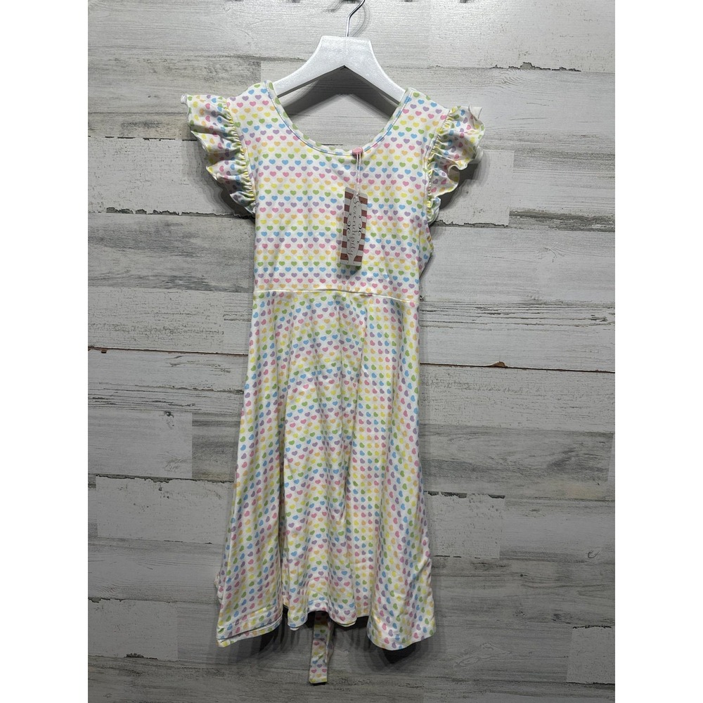 Serendipity Flutter Sleeve Dress Girls 10 White Rainbow Heart Print NWT